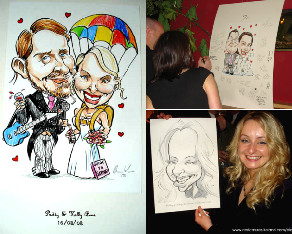  to work to create a caricature signing board of the bride and groom.
