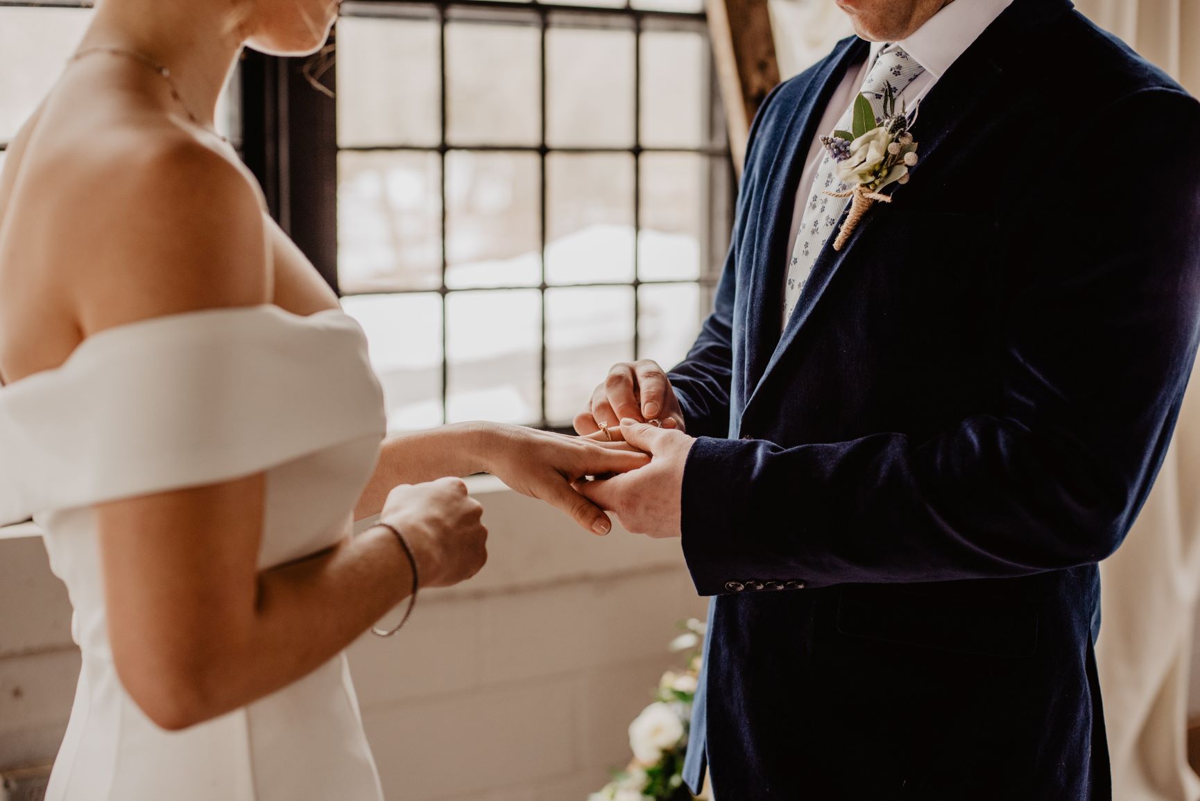 Bride and Groom putting on wedding rings